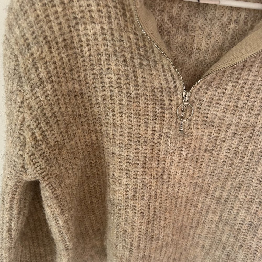 Sincerely Jules Beige Cropped Zip Mock Neck Wool Blend Ribbed Knit Sweater Large - Picture 2 of 4